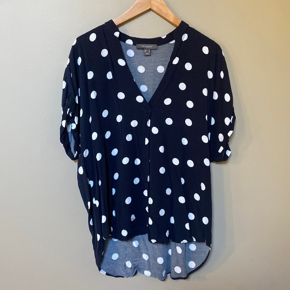 Primark navy polka dot faux wrap top